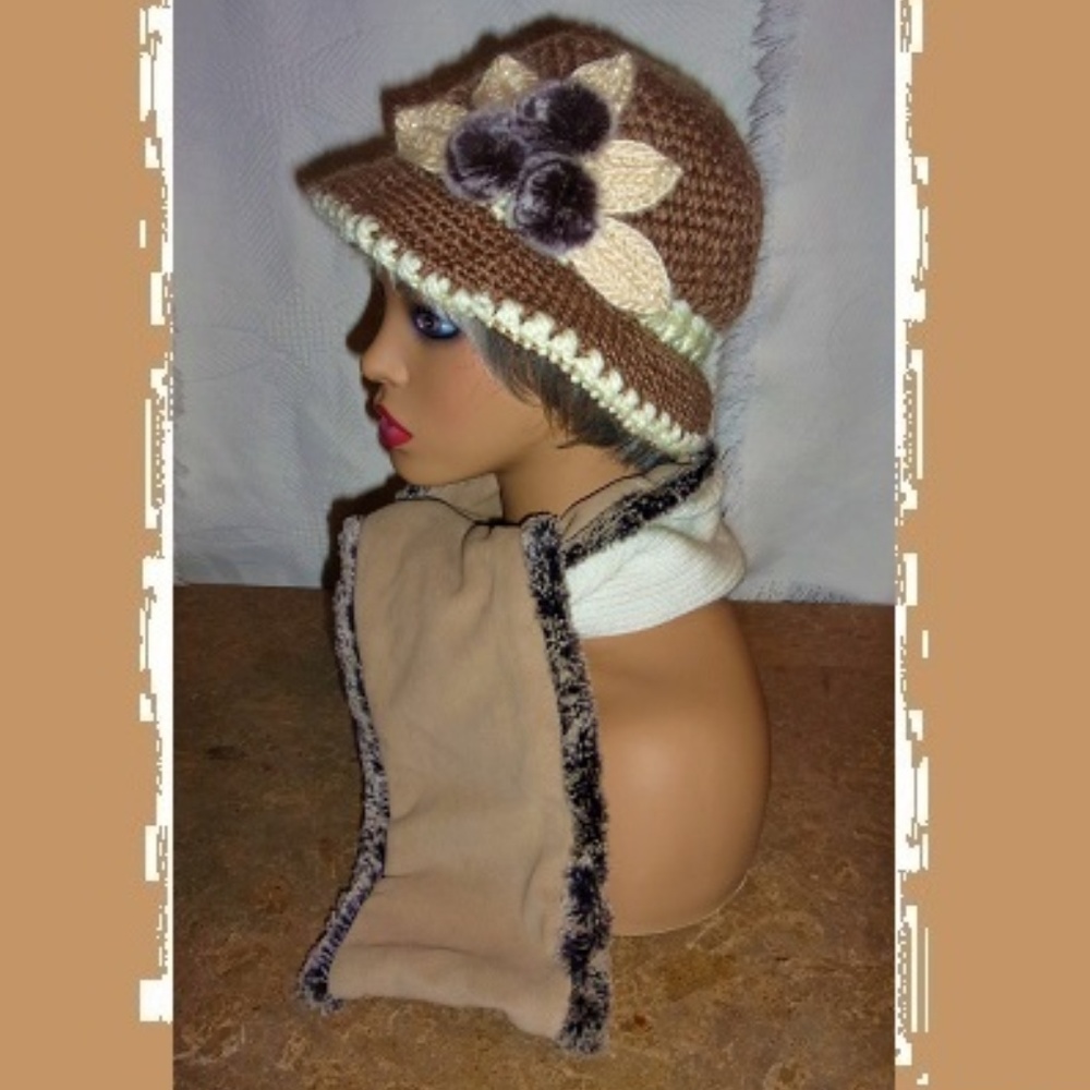 Brown & Cream Knit Bucket Hat  AND 2 Fur-Trimmed Scarfs!
